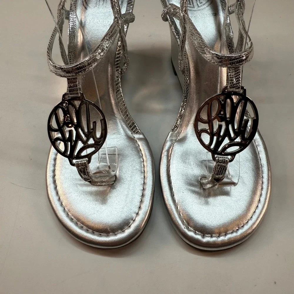 Lilly Pulitzer Silver Metallic Wedge Sandals Logo Medallion Womens Size 6